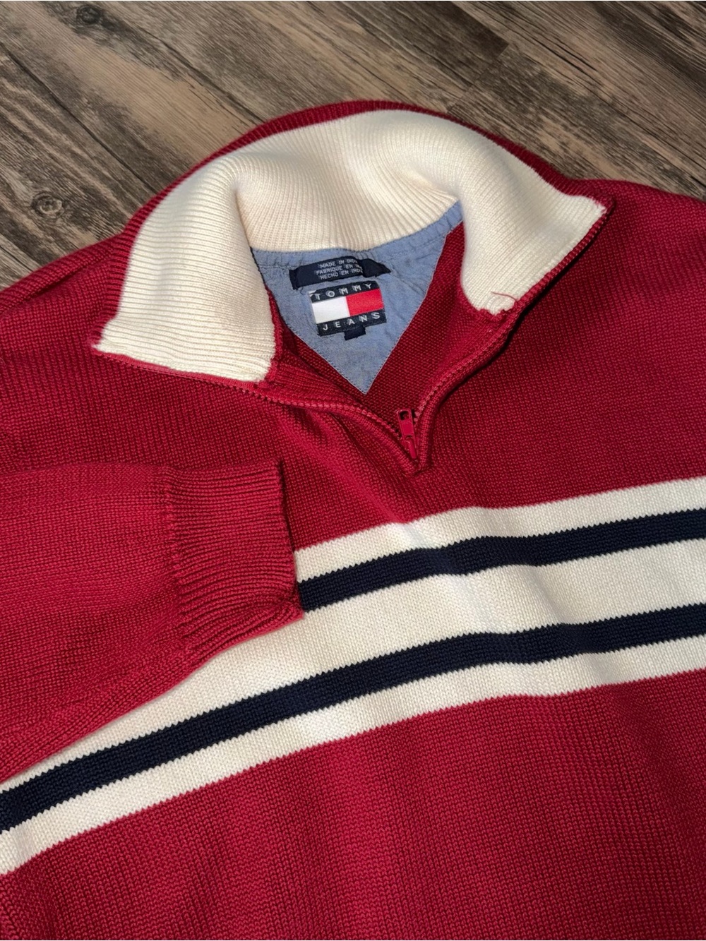 Tommy Hilfiger Red Zip-Up Sweater with Navy and White Stripes